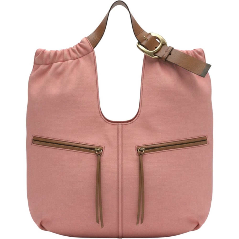 Kooba Pink Canvas Hobo Bag Brown Leather Trim Slouchy Shoulder Bag Large Buckle